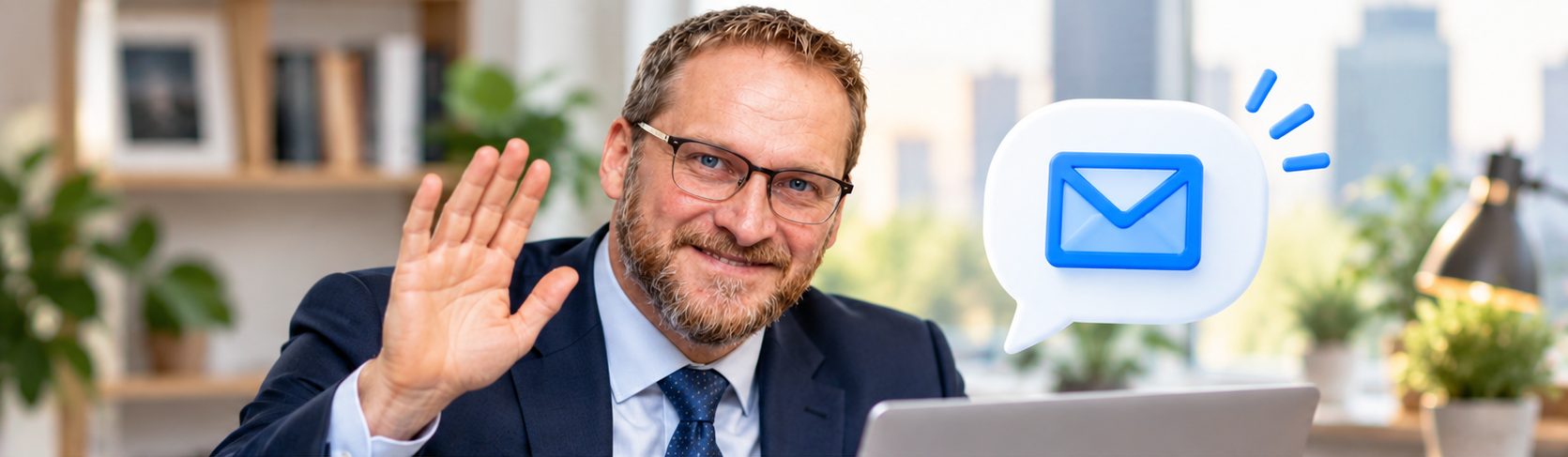 Smiling project manager waving at the laptop next to a message icon