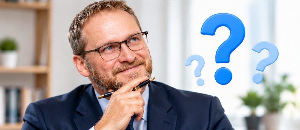 Project manager thinking, with question marks