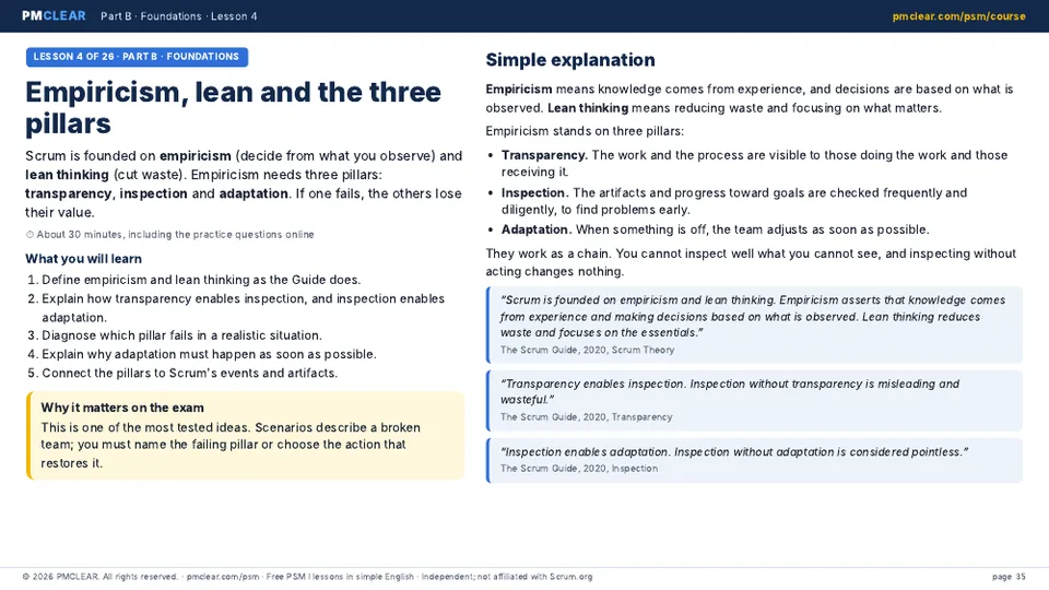 Lesson page: empiricism, lean thinking and the three pillars, with quotes from the Scrum Guide