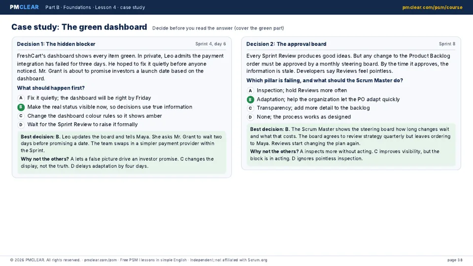 Case study page: two team decisions with the best answer and why the other options are wrong