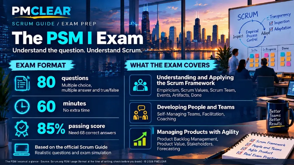 The PSM I exam at a glance: 80 questions, 60 minutes, 85% passing score, based on the Scrum Guide