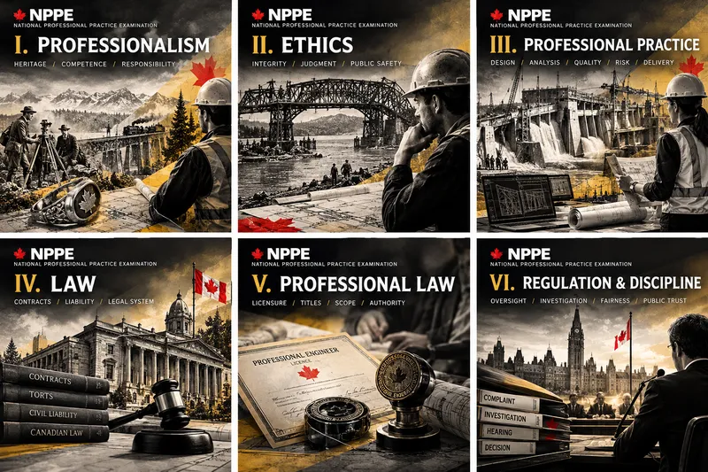 The six NPPE areas: professionalism, ethics, professional practice, law, professional law, regulation and discipline