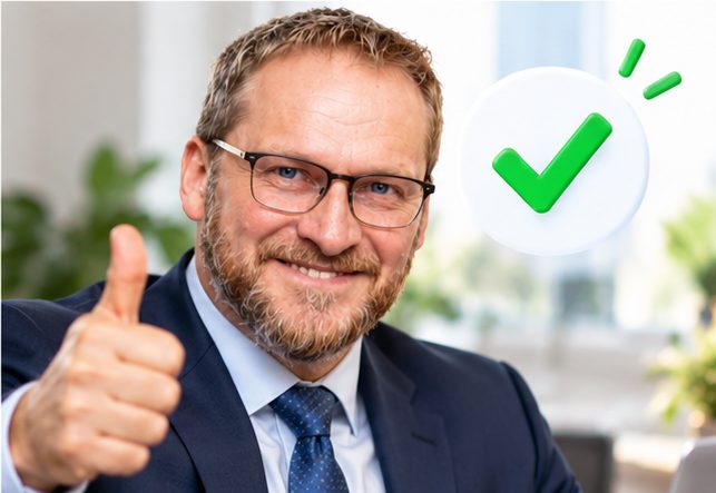 Project manager giving a thumbs up next to a green check mark